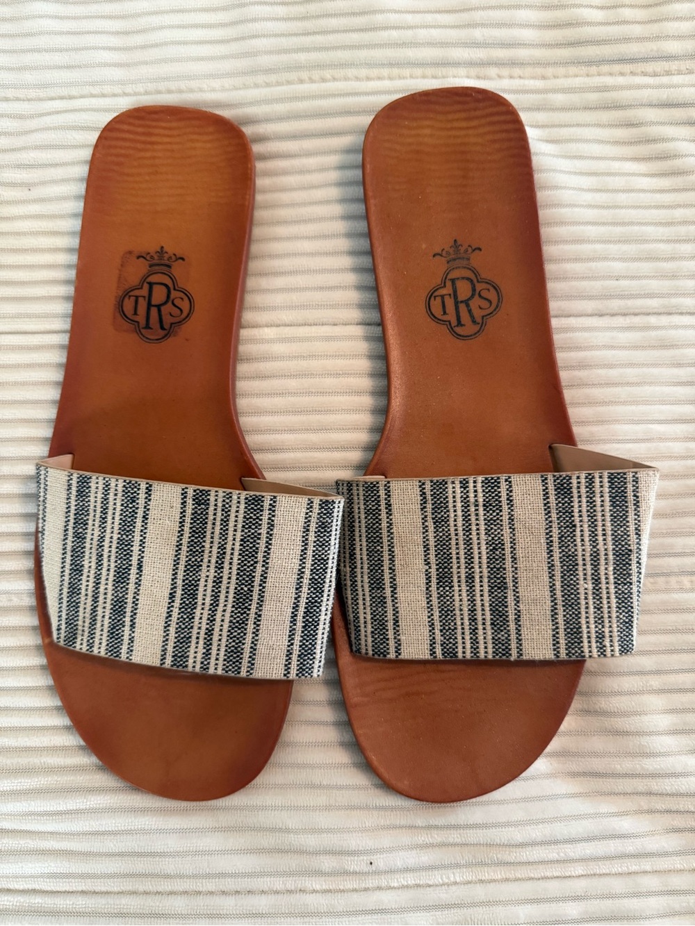 Crown Logo Striped Slide Sandals in Tan and Navy - Women's Casual Slides